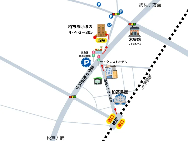 柏駅西口から整体院ひざこぞうまでのイラストマップ（徒歩8分）