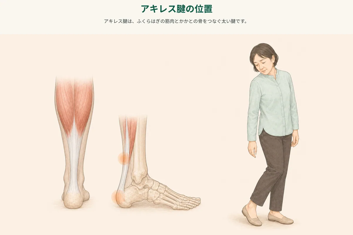 ふくらはぎからかかとへ続くアキレス腱と痛みを感じる範囲