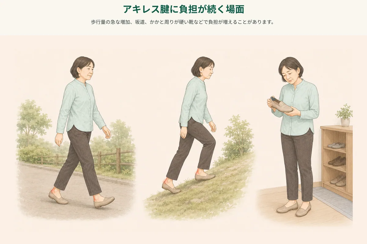 歩行量、坂道、靴の違いとアキレス腱周辺の負担を振り返る図