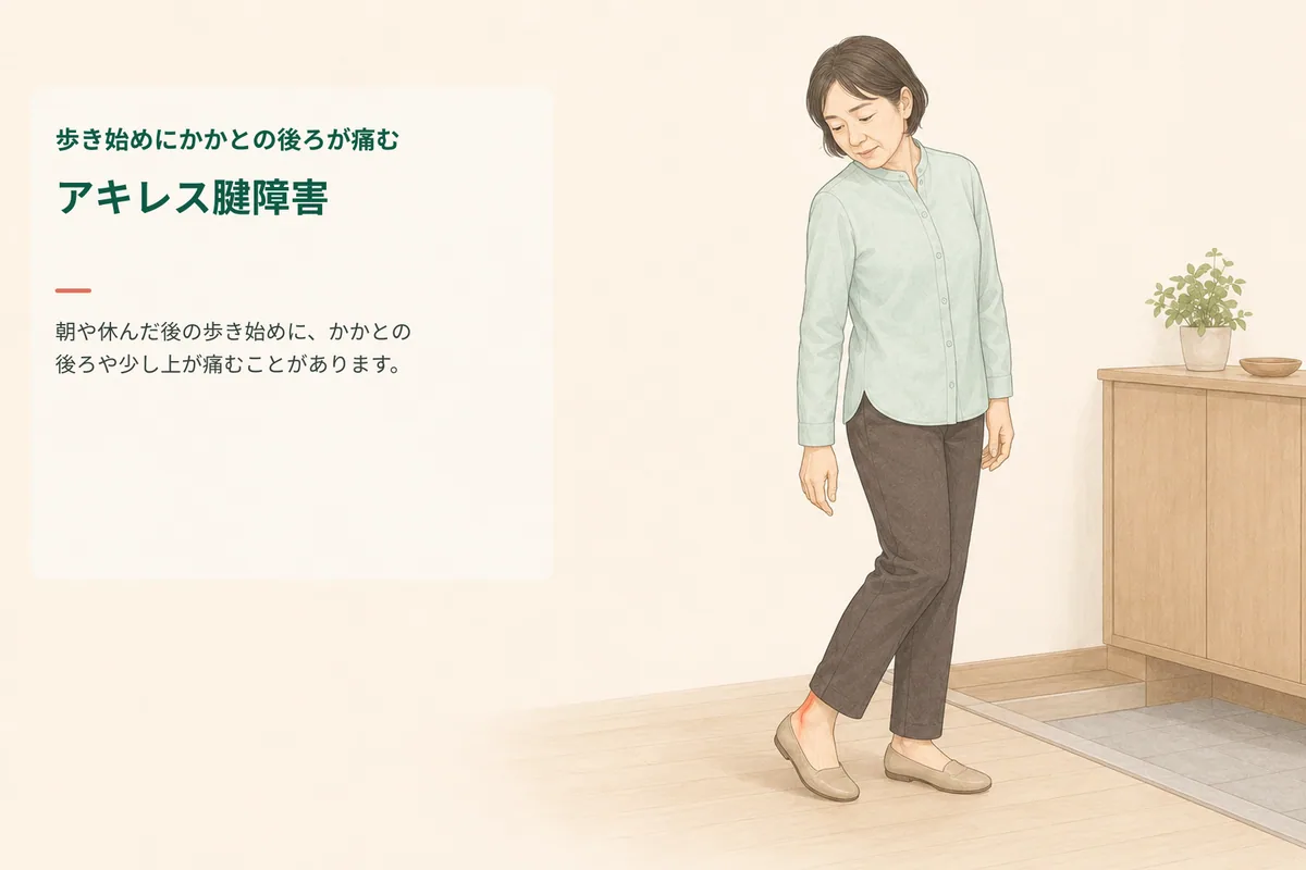 朝の歩き始めにかかとの後ろの痛みを気にする女性のイラスト