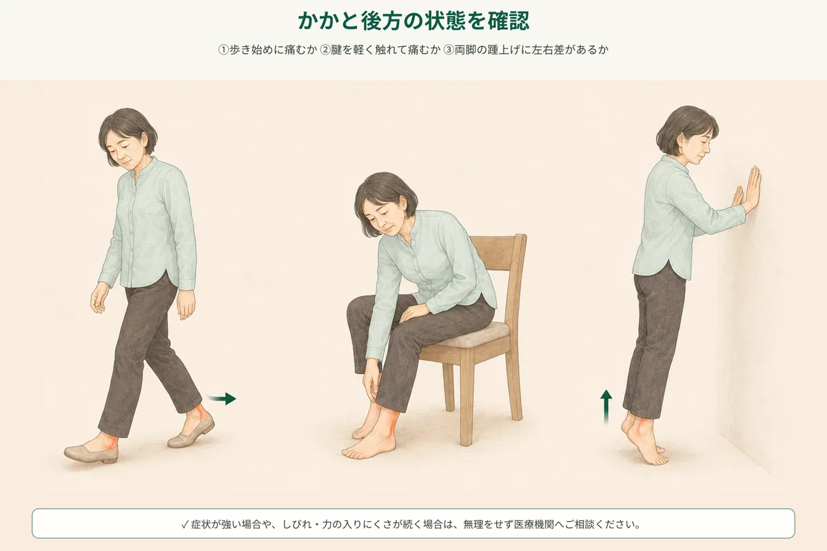 歩き始め、腫れ、蹴り出しの変化を確認するセルフチェック図