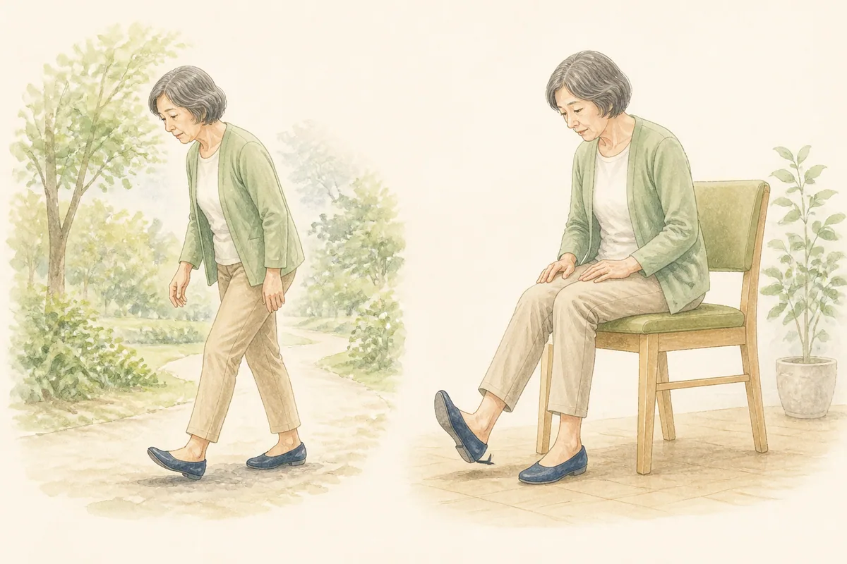 足首の動かしにくさと前かがみの立ち姿勢を気にする女性のイラスト