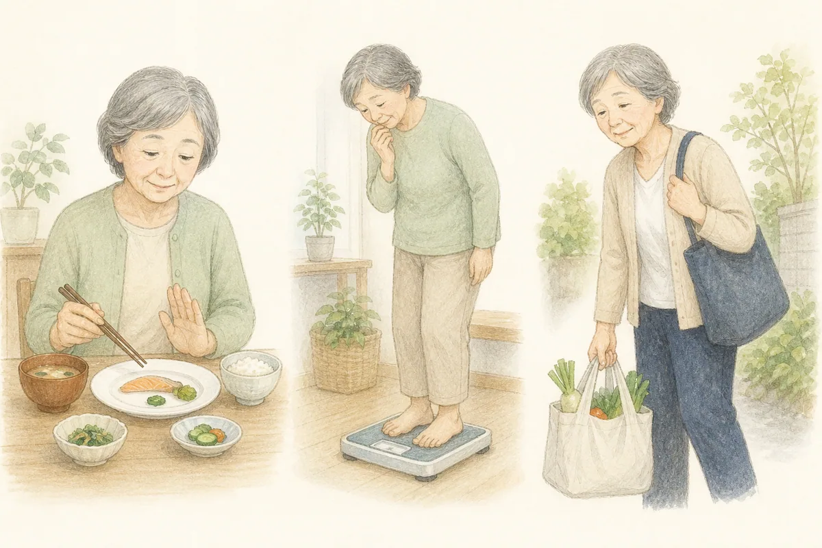 食事量、体重、買い物、飲み込みを振り返るイラスト