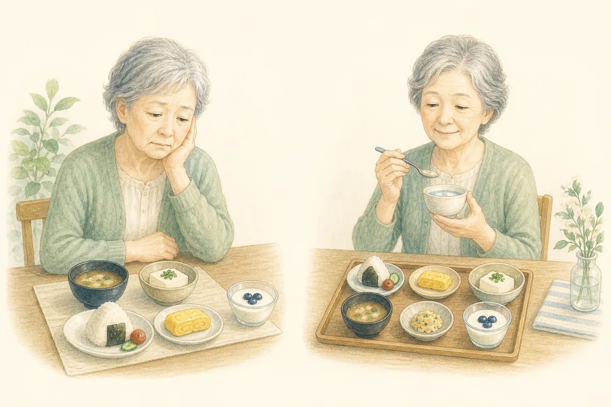 少量の食事を前に食欲が出ず体重の変化を気にする高齢女性のイラスト