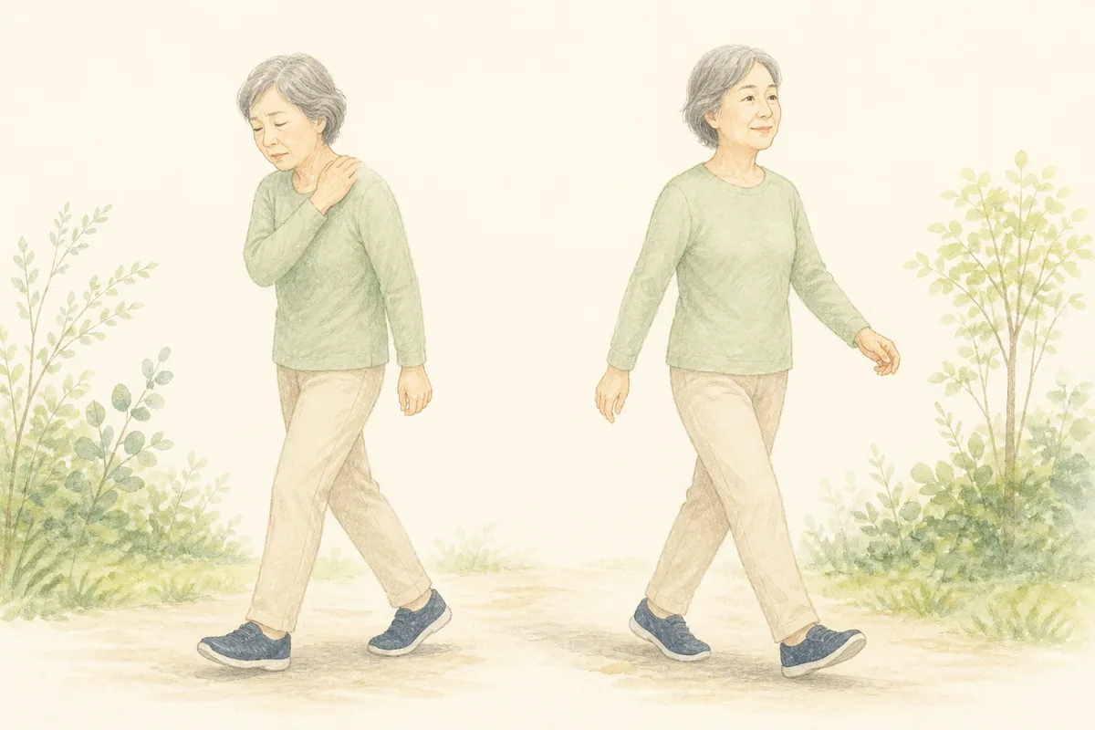 膝を気にしながら腕を小さく振って歩き背中の張りを感じる女性のイラスト
