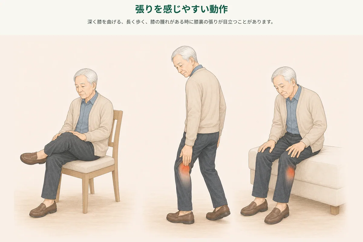 膝の腫れ、曲げ伸ばし、歩行後の張りを振り返る図