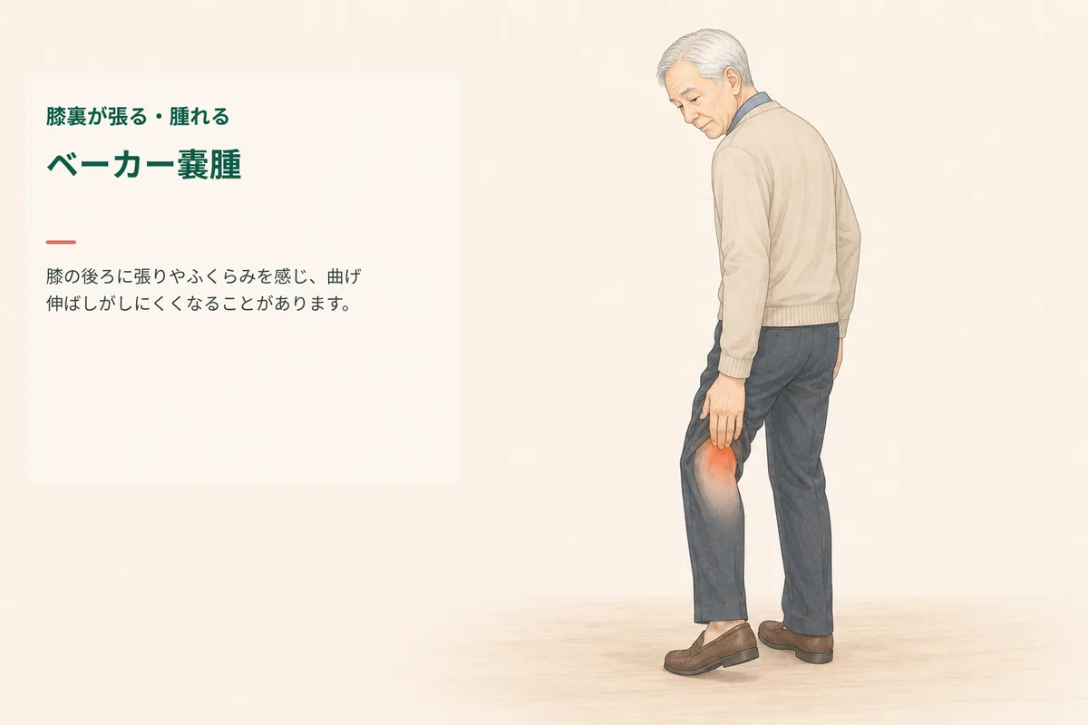 膝を曲げたときに膝裏の張りとふくらみを気にする女性のイラスト