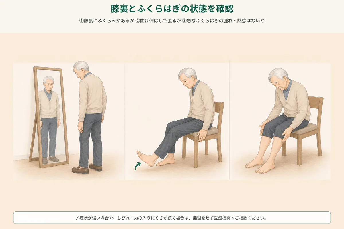 膝裏のふくらみ、左右差、ふくらはぎの腫れを確認するセルフチェック図