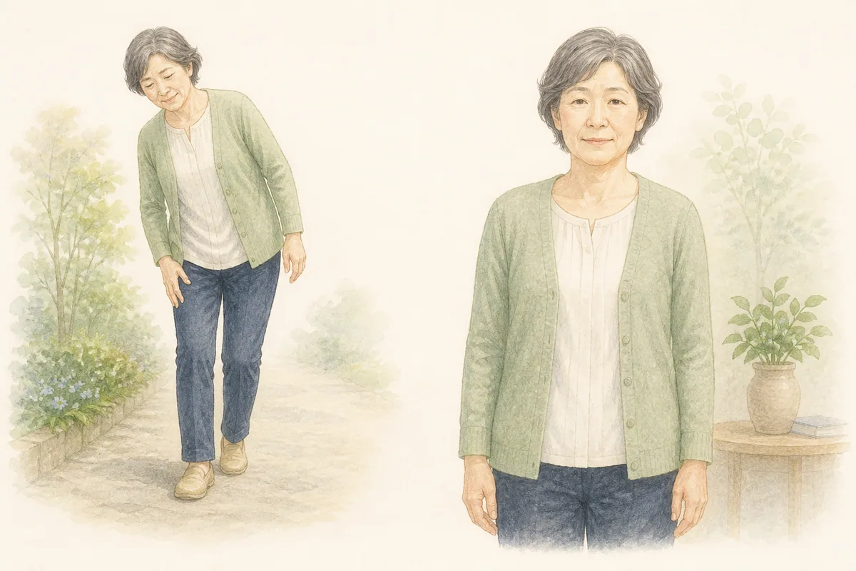 歩くときに身体が片側へ傾き肩の高さに左右差が出る女性のイラスト