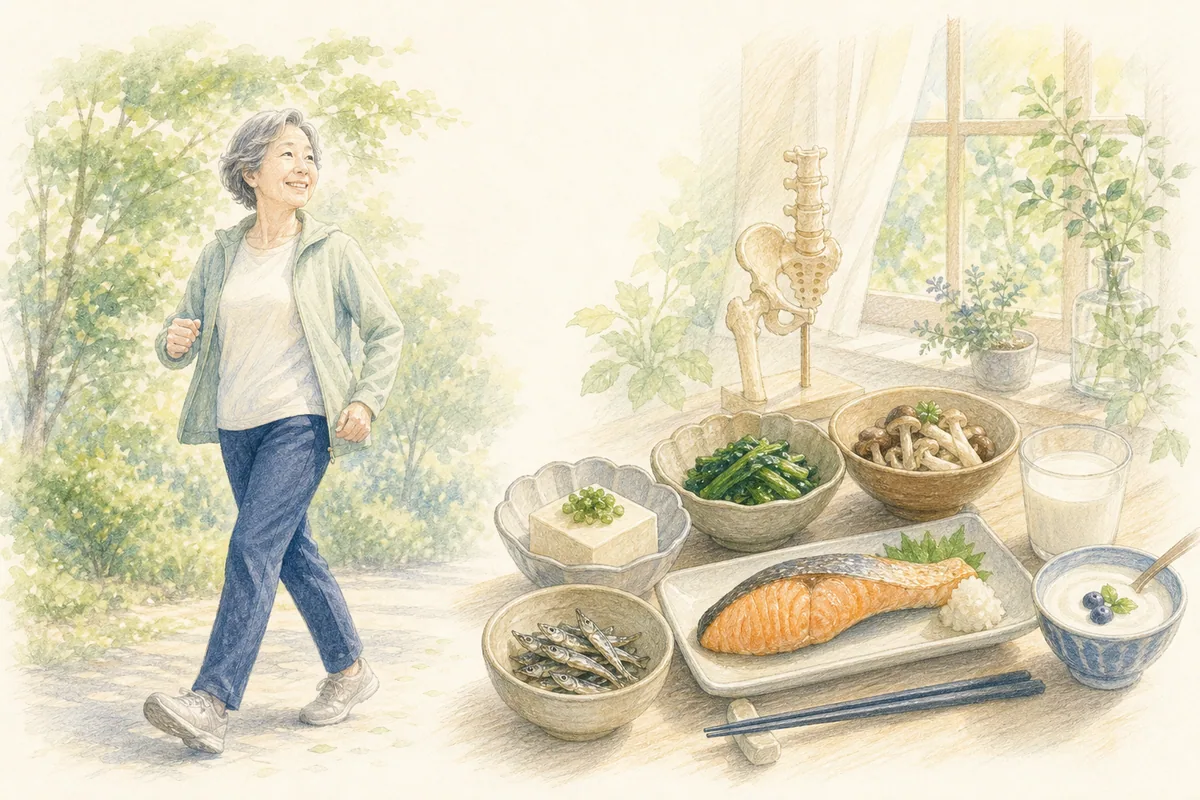 小魚や乳製品など骨の健康を考える食材を確認する高齢女性のイラスト