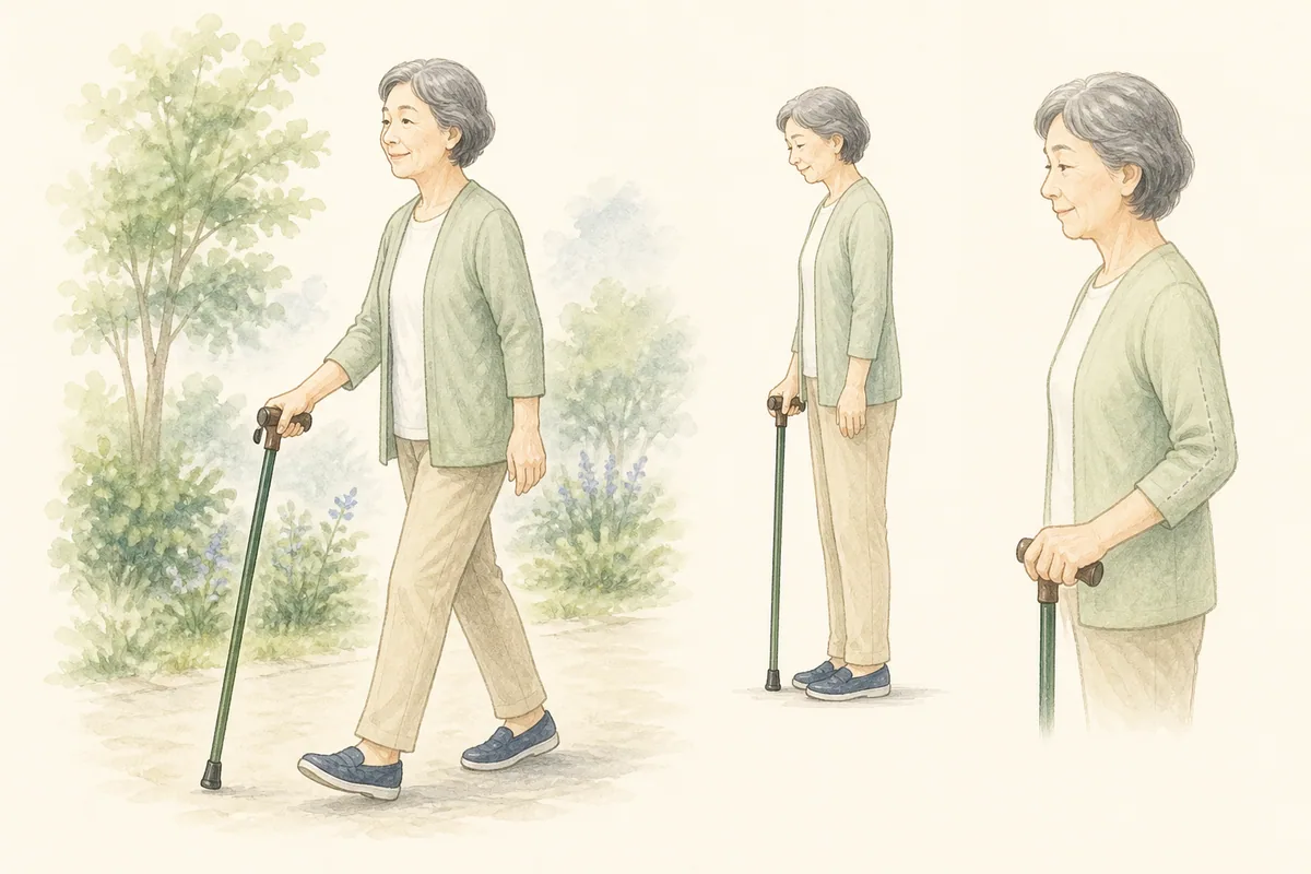 杖の高さ、握り方、腕の力みを確認するイラスト