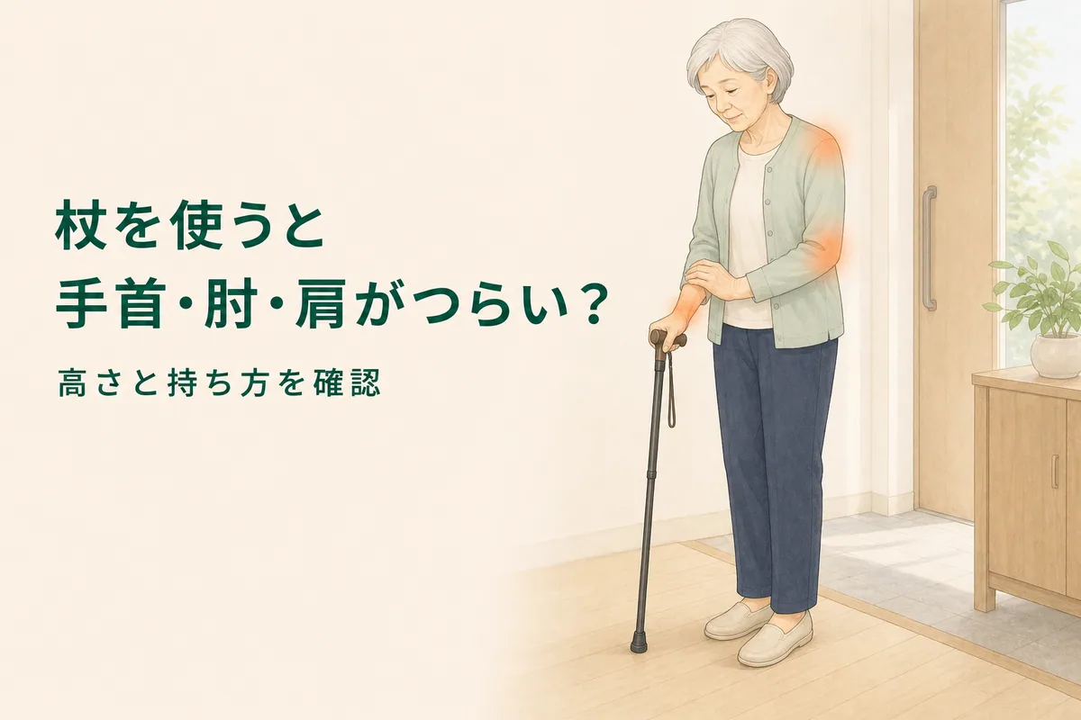 杖を持つ手首から肩のつらさを気にする女性のイラスト