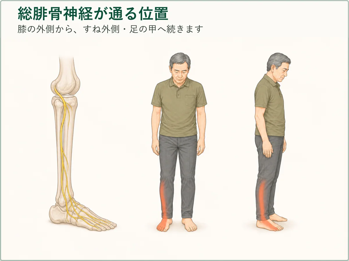 総腓骨神経が膝外側からすね外側と足の甲へ続く位置