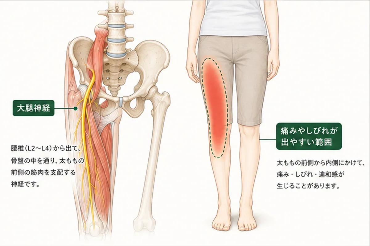 大腿神経の通り道と太ももの前側に症状が現れる範囲