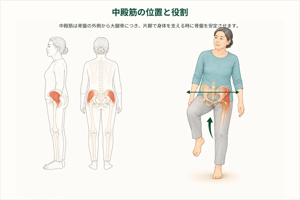 骨盤外側にある中殿筋と片脚で身体を支える場面