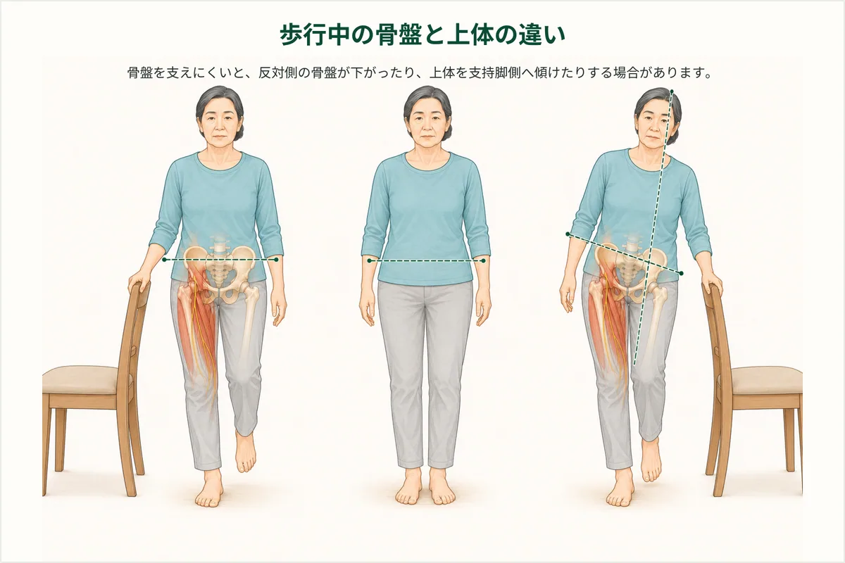 歩行中の骨盤と上半身の支え方を3例で示したイラスト