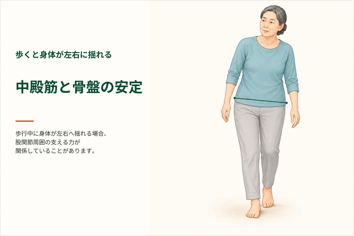 歩くと身体が左右に揺れることを気にする女性のイラスト
