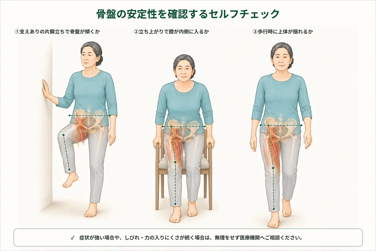 立ち上がりと歩行で骨盤や膝の左右差を観察する図