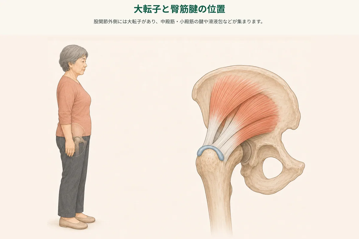 大転子と殿筋の腱、股関節外側に痛みを感じる範囲