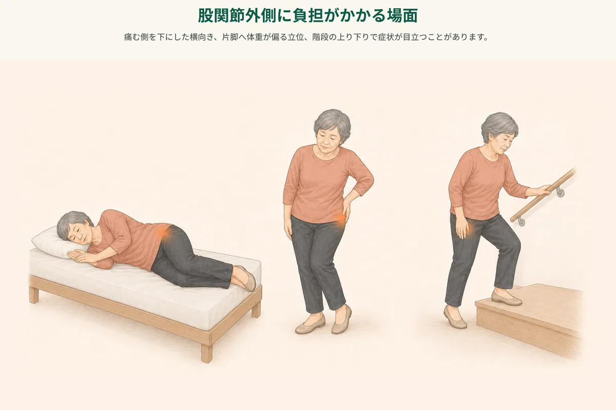 横向き寝、階段、片脚立ちで股関節外側の負担を振り返る図