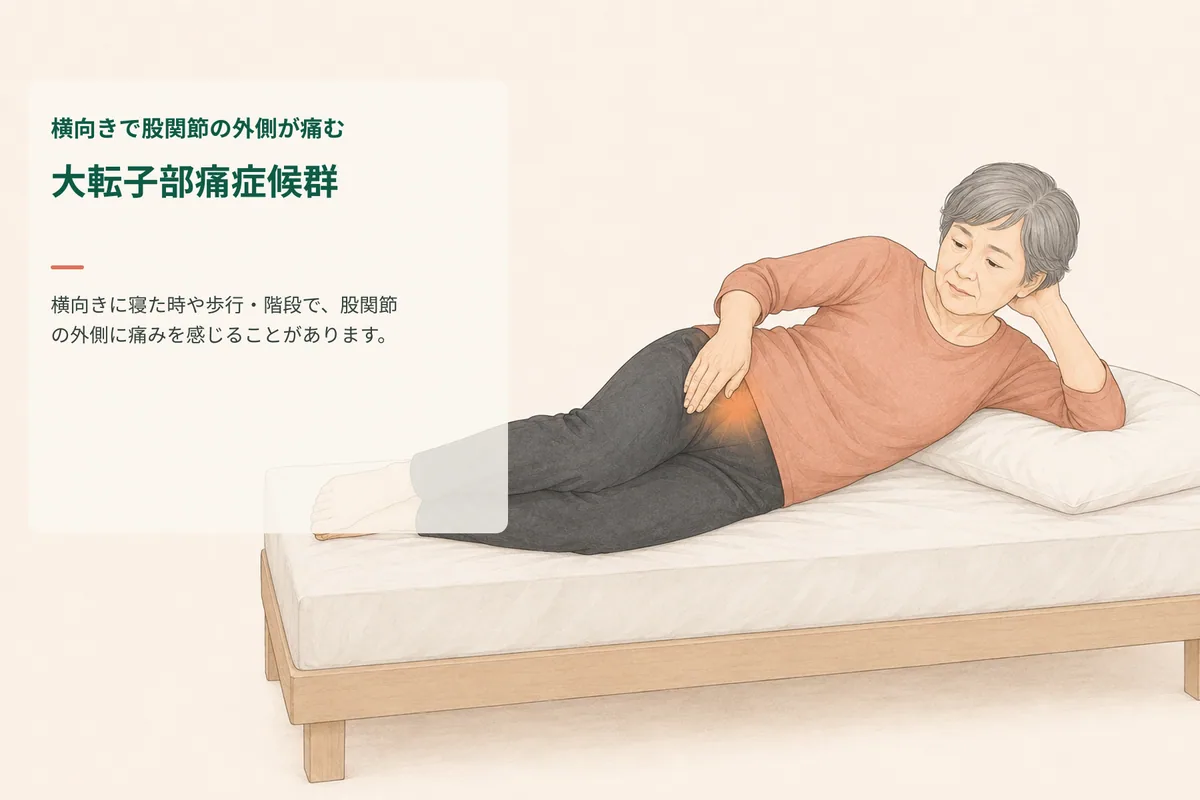 横向きに寝たときに股関節の外側を気にする女性のイラスト