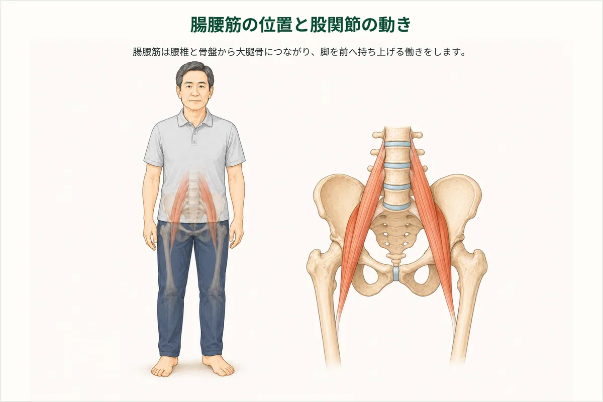 腰と骨盤から大腿骨へ続く腸腰筋の位置