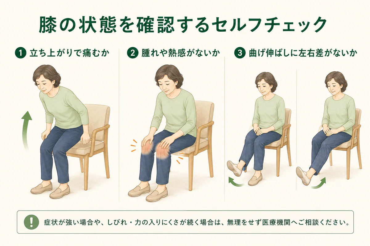 立ち上がり、膝の腫れ、曲げ伸ばしの左右差を観察する図