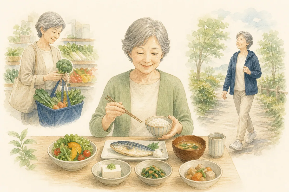 膝の痛みがあり食事と体重の記録を無理なく見直す高齢女性のイラスト