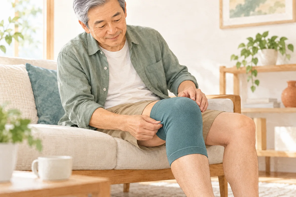 膝サポーターの位置や布のしわを確認するイメージイラスト