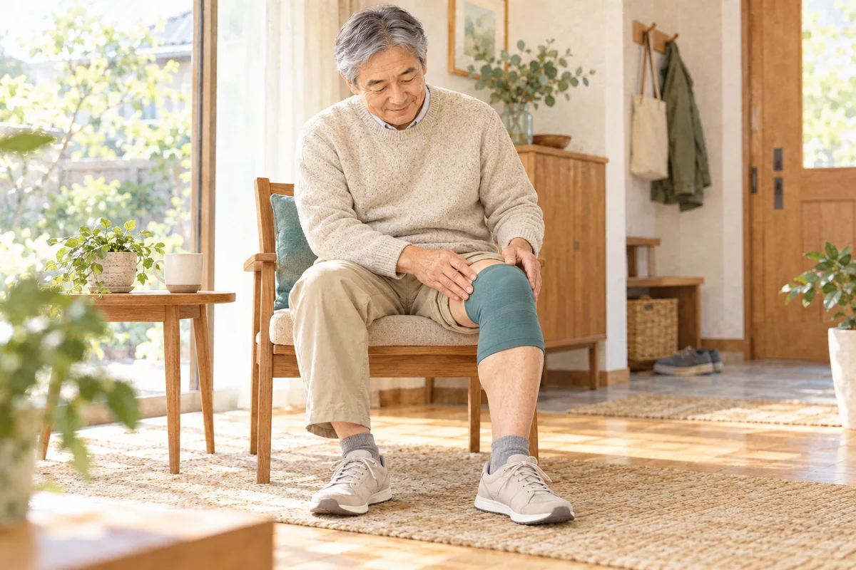 椅子に座り膝の柔らかいサポーターの着け心地を確認する男性のイメージイラスト