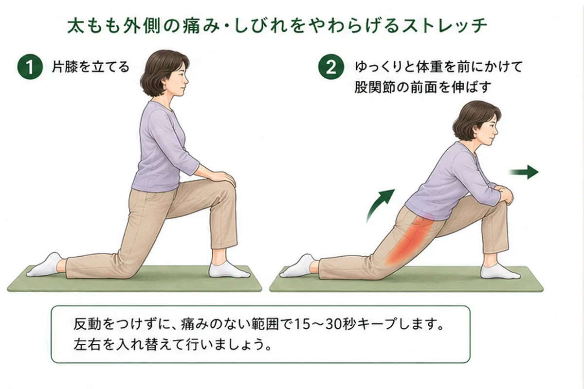 太ももの外側に症状があるときの股関節前面ストレッチ例