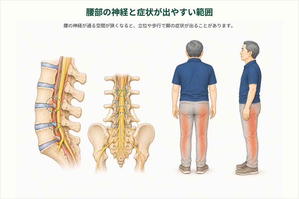 腰部の神経が通る脊柱管と脚に症状が出る範囲