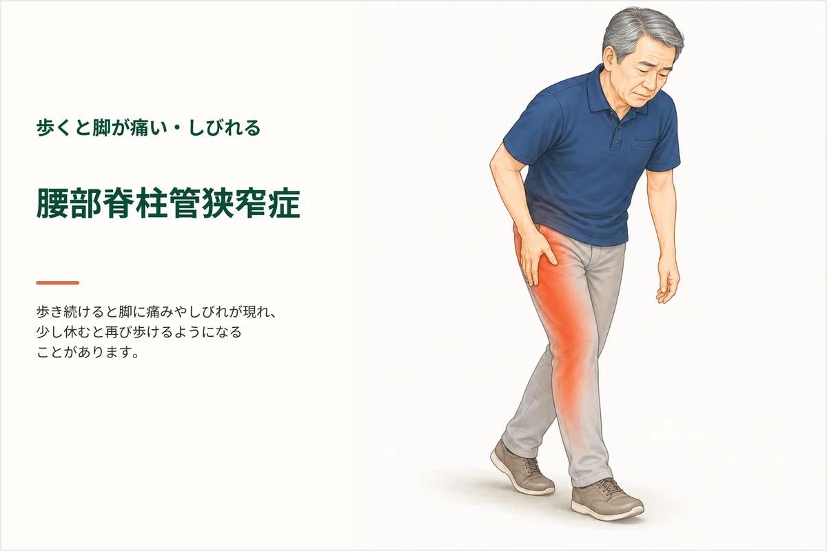 歩くと脚が痛み立ち止まる男性のイラスト