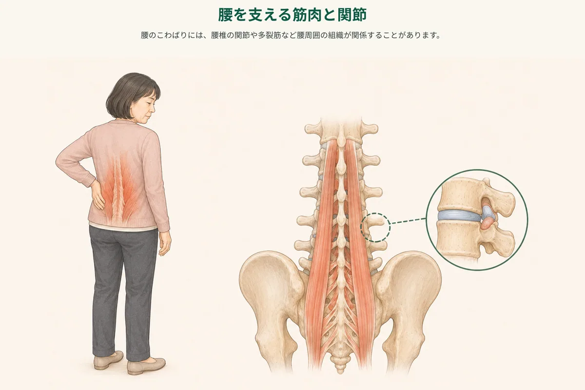 腰まわりの構造と朝にこわばりを感じる範囲を示した図