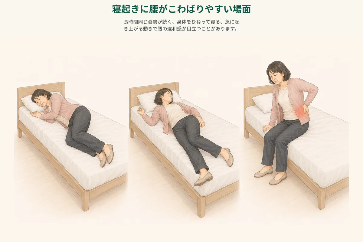 睡眠姿勢、前日の座位、朝の起き上がりを振り返る図