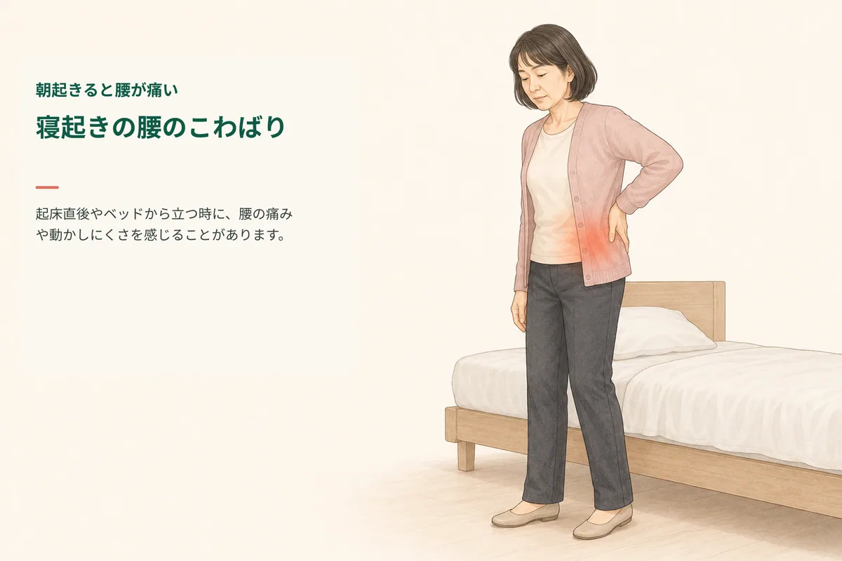 朝ベッドから起き上がるときに腰のこわばりを感じる女性のイラスト