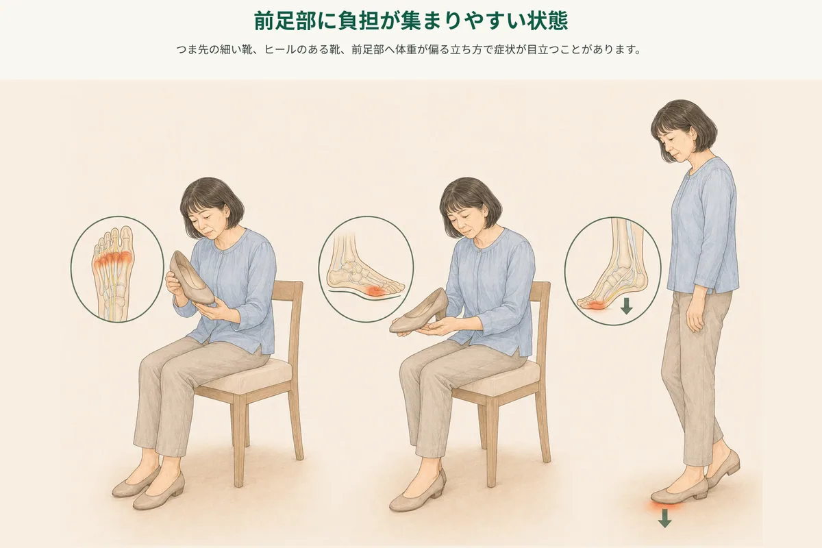 つま先の細い靴、ハイヒール、長時間歩行を振り返る図