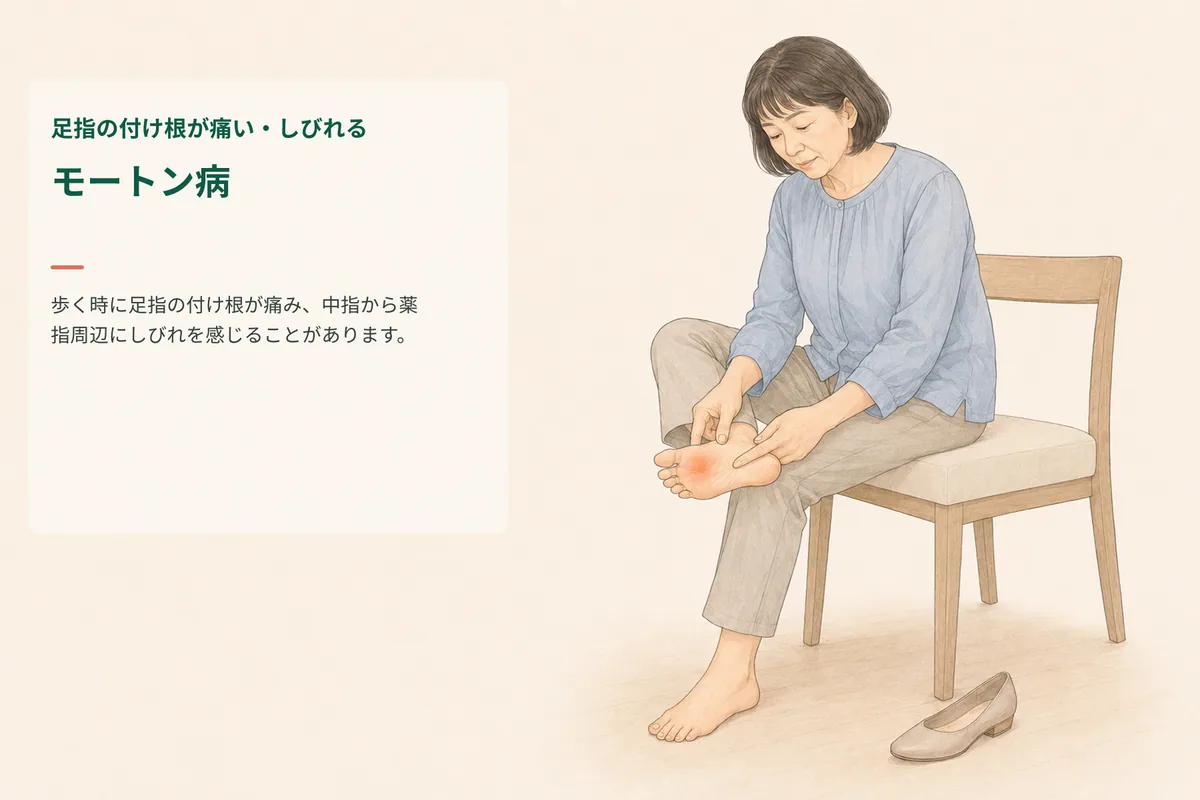 靴を履いて歩くと足指の付け根の痛みとしびれを感じる女性のイラスト