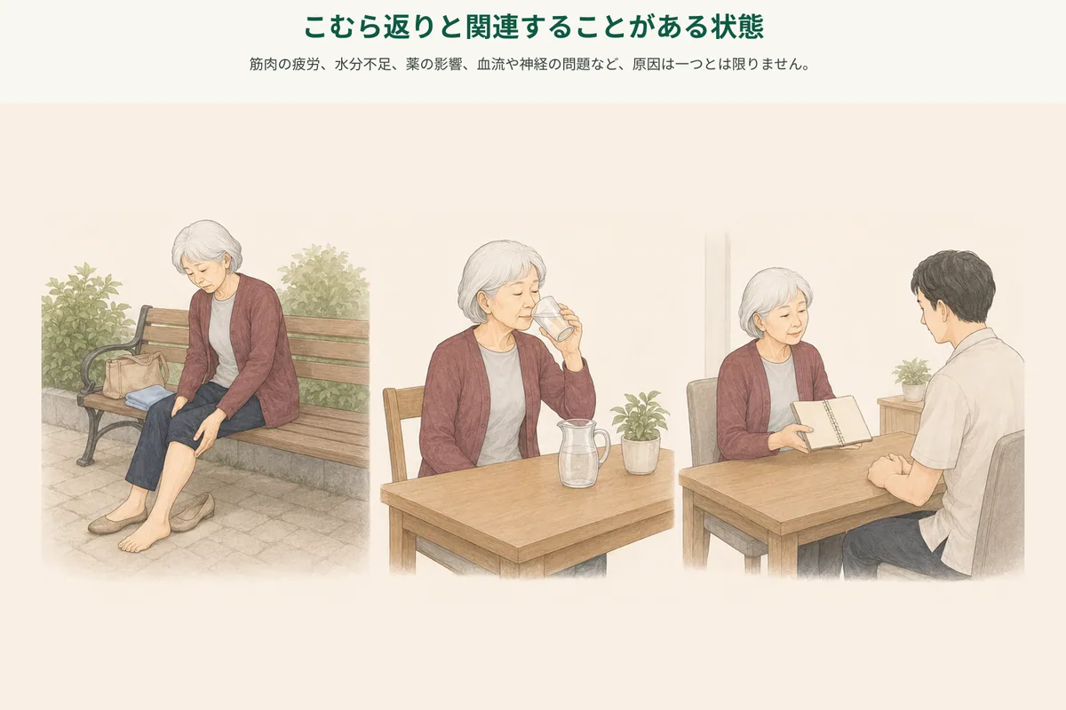 活動、薬、睡眠中のこむら返りを振り返るイラスト