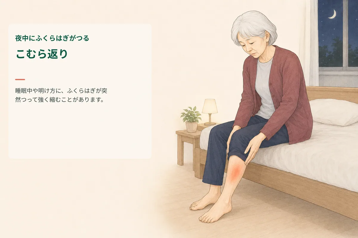 夜中にふくらはぎがつって目を覚ました女性のイラスト