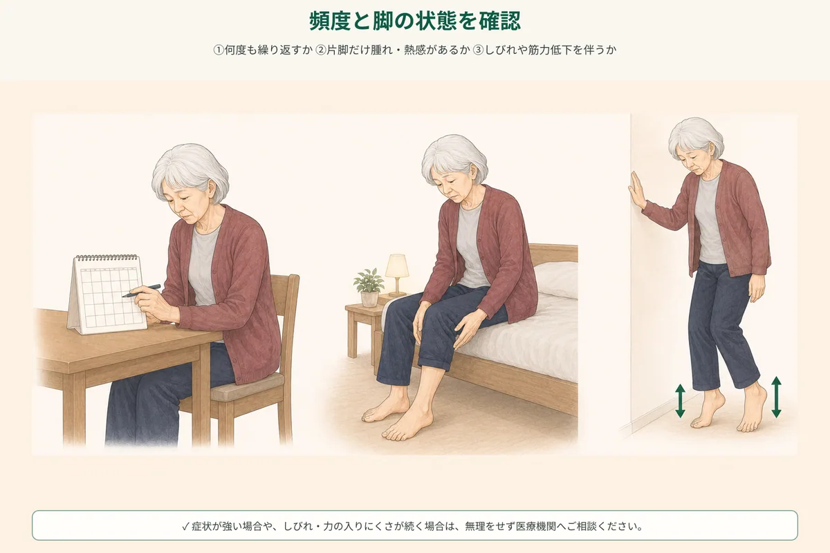 こむら返りの回数、左右差、翌朝の痛みを記録するセルフチェック図