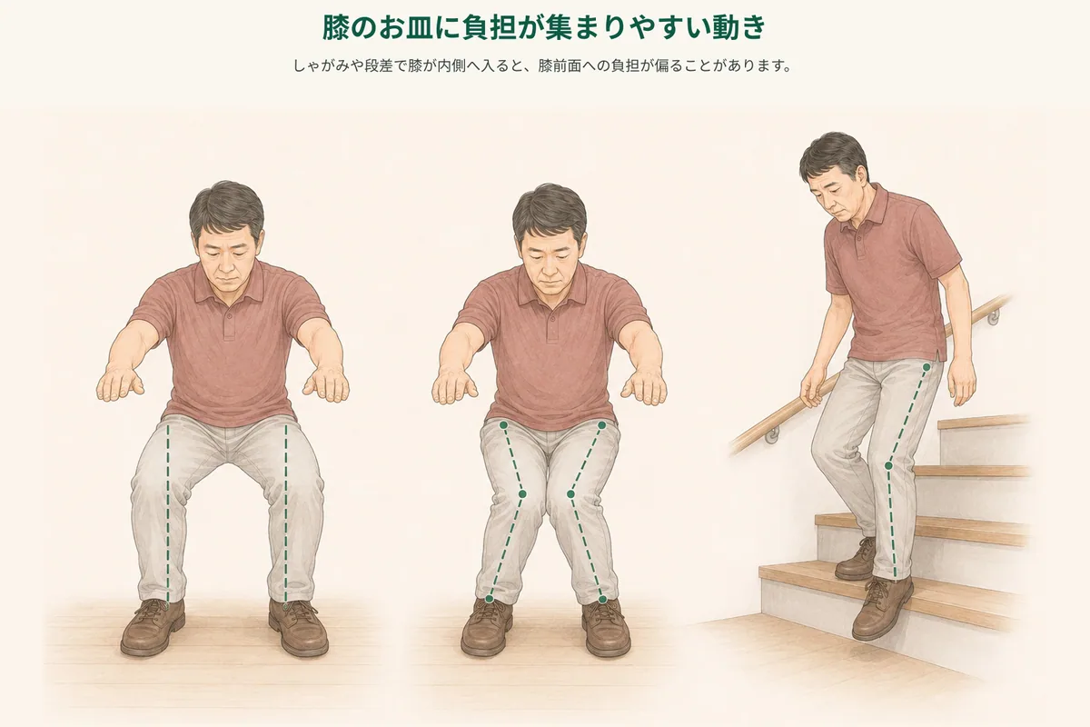 階段、しゃがみ、長時間の座位で膝前面の負担を振り返る図