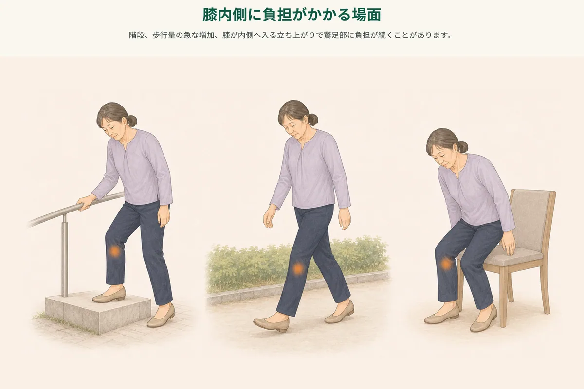 階段、坂道、立ち上がりで膝内側の負担を振り返る図