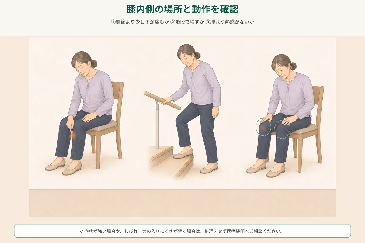 膝の痛む位置、階段、腫れの有無を確認するセルフチェック図