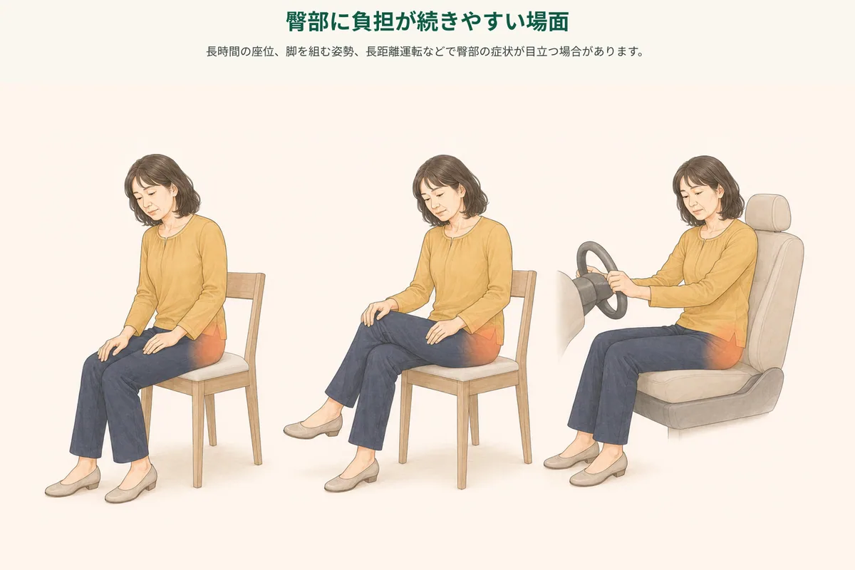 長時間の座位、運転、歩行時のお尻の負担を振り返る図