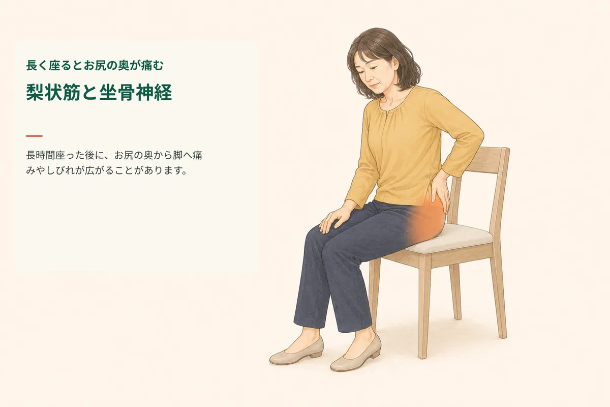 長く椅子に座ってお尻の奥の痛みを気にする女性のイラスト