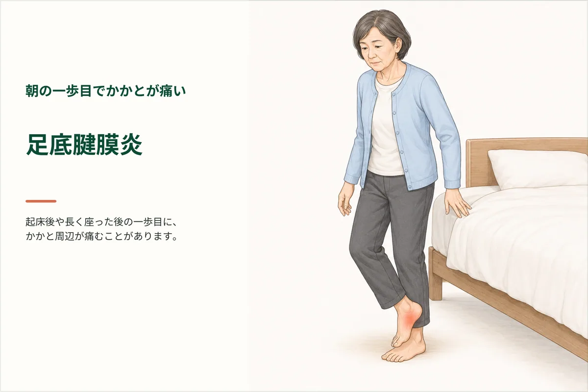 朝ベッドから立った一歩目にかかとの痛みを感じる女性のイラスト
