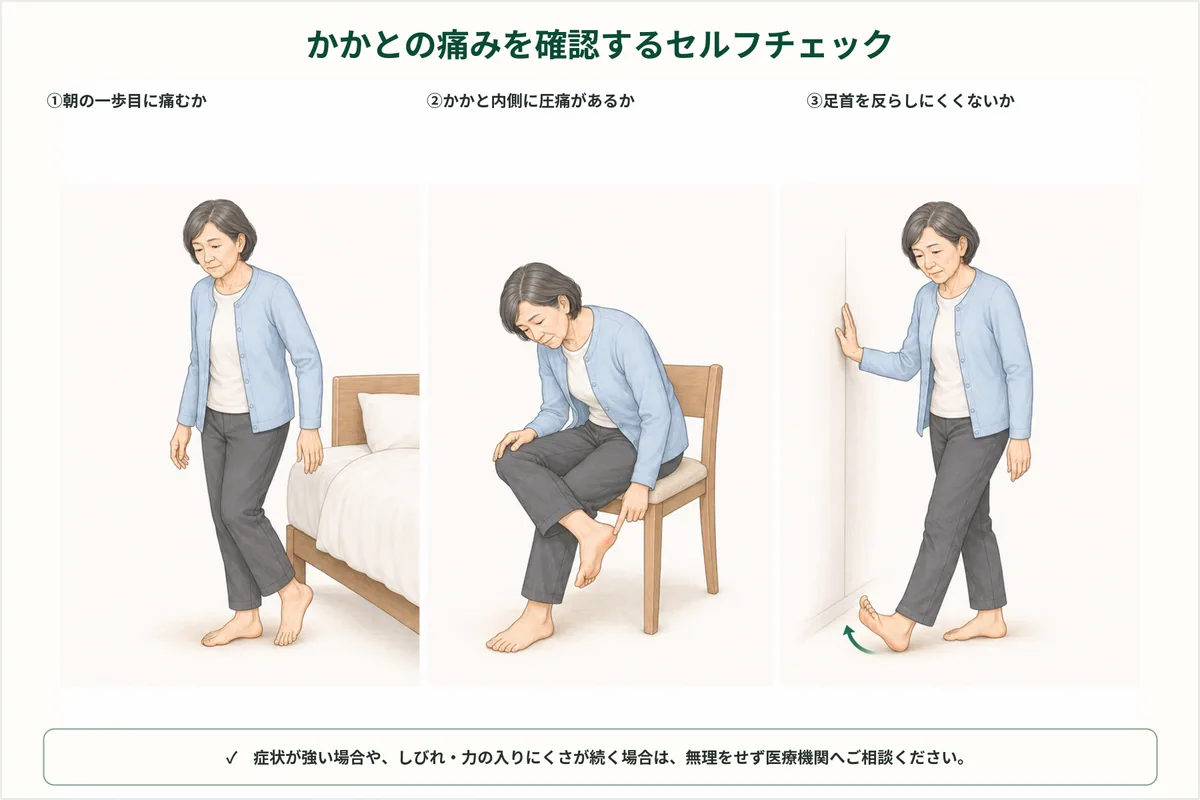 朝の一歩目、かかとの圧痛、足首の動きを観察する図