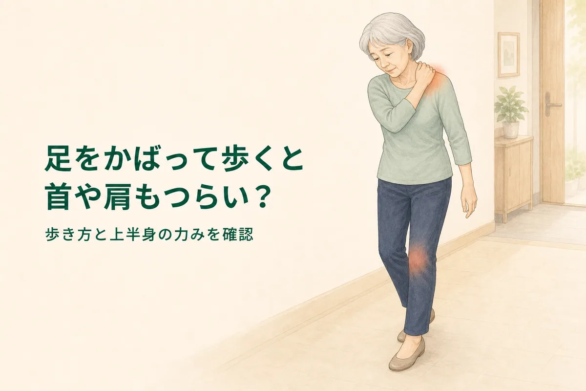 膝をかばって歩きながら反対側の首と肩を気にする女性のイラスト