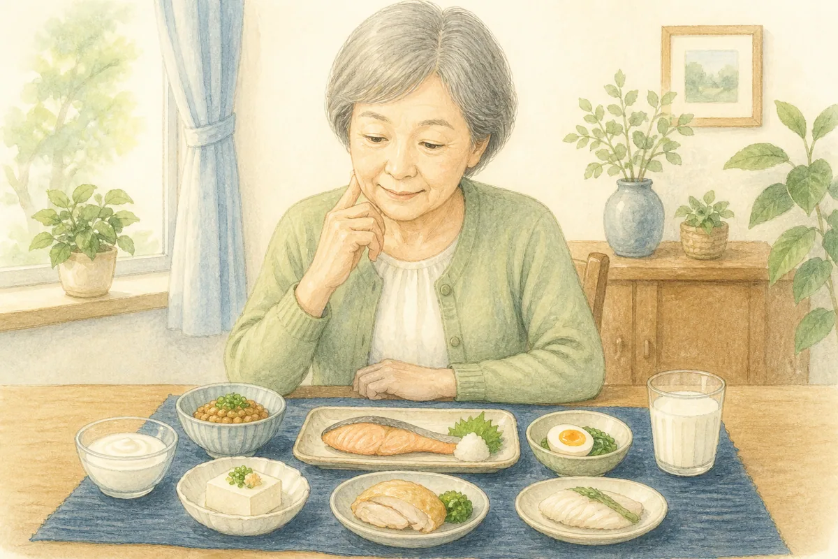 朝昼夕の主菜と食事量を確認するイラスト
